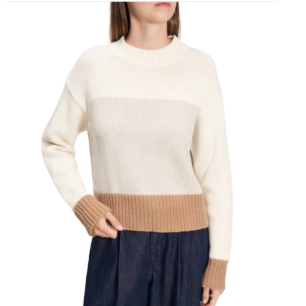 Theory Color Block Crewneck Sweater Ivory‎ Multi Felted Wool Cashmere Size Large